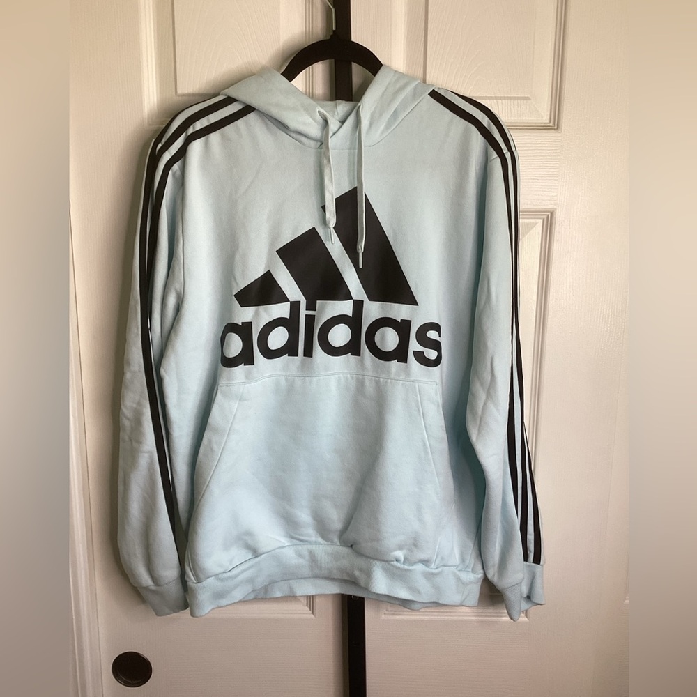 Adidas Men's Sky Blue Hoodie with Black Stripes, size Large